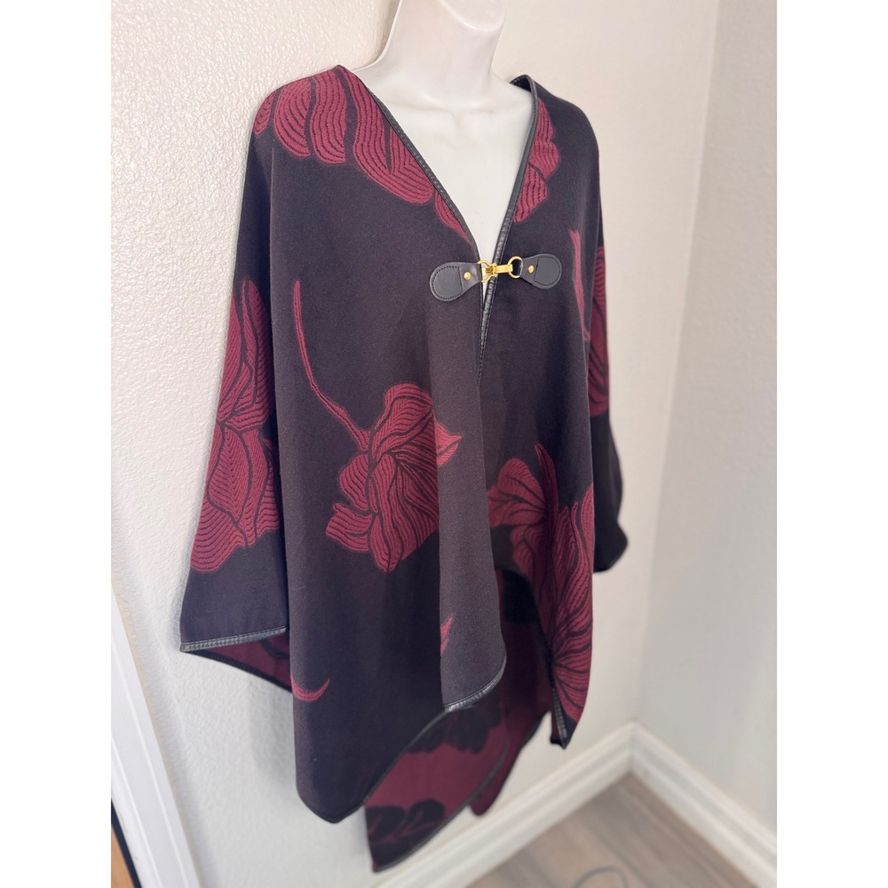 Marc New York Andrew Marc Floral Poncho Wrap Black Burgundy Faux Leather Trim OS